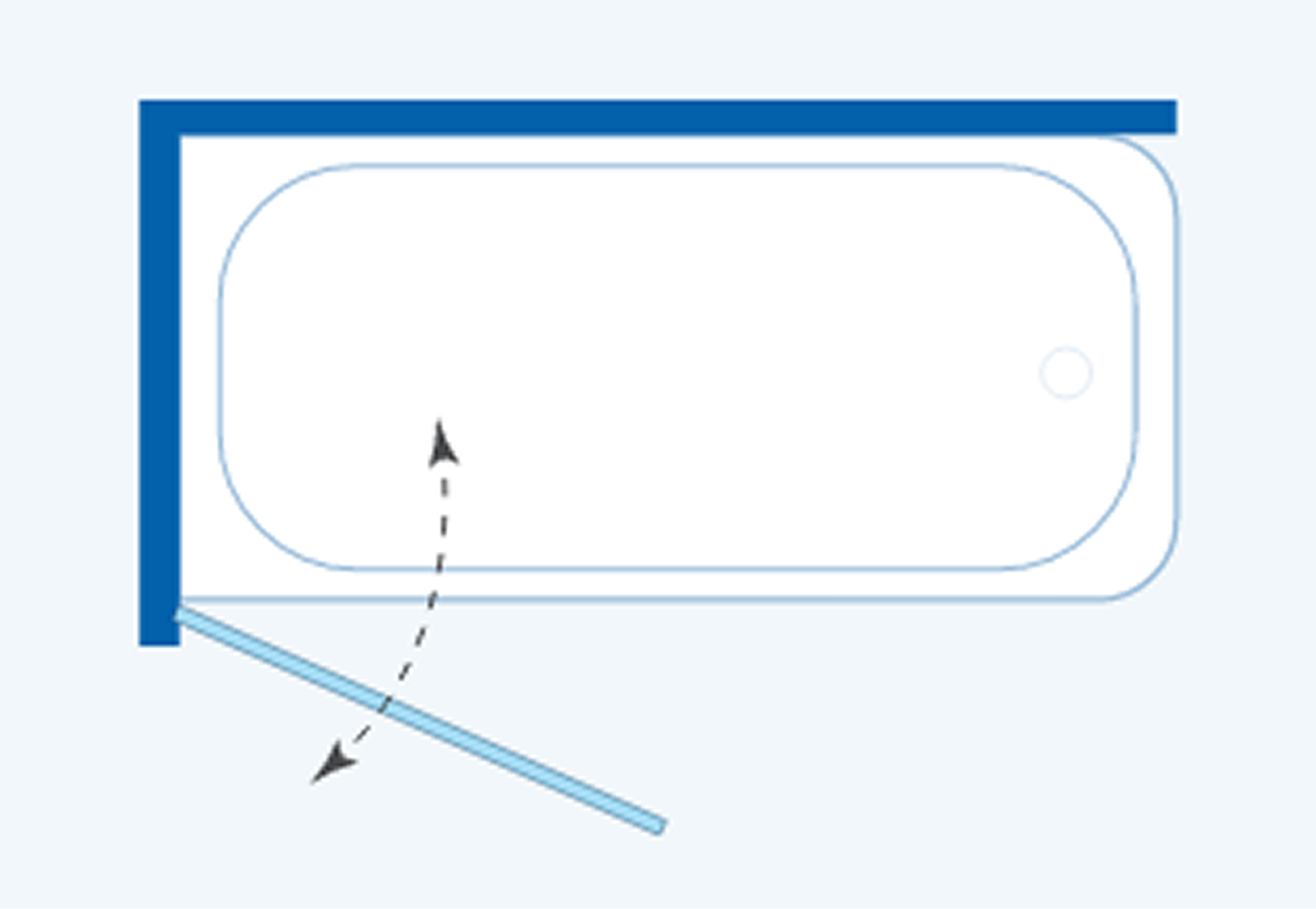 Technische illustratie van een badwand die naar binnen en buiten kan draaien langs een scharnierpunt aan de muur, geplaatst boven een ligbad, aangeboden door x²o badkamers.