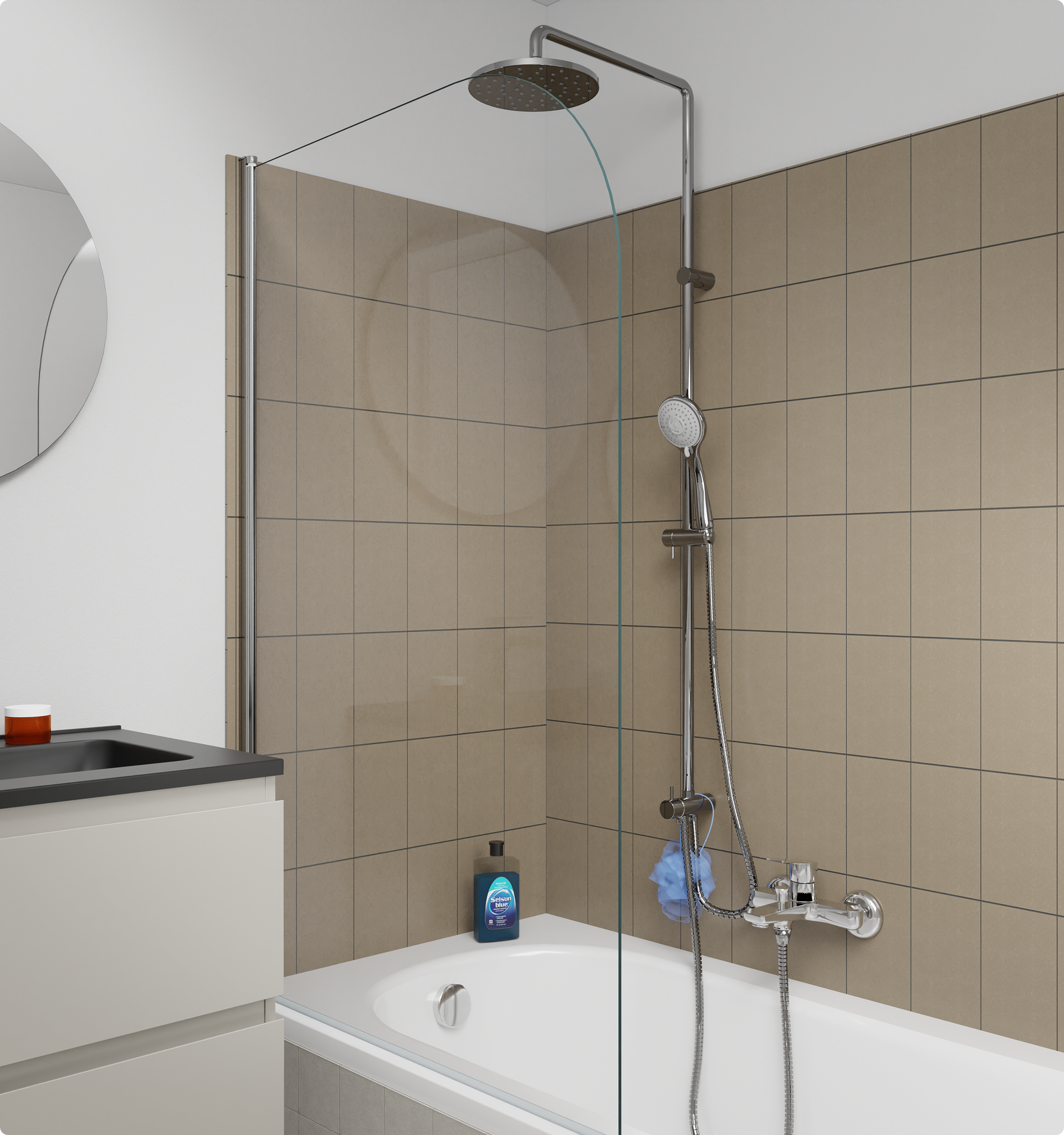 Compacte badkamer met ligbad en transparante glazen badwand, grijze wandtegels, regendouche met handdouche, badmengkraan en een wastafelmeubel naast het bad, verkrijgbaar bij x²o badkamers.