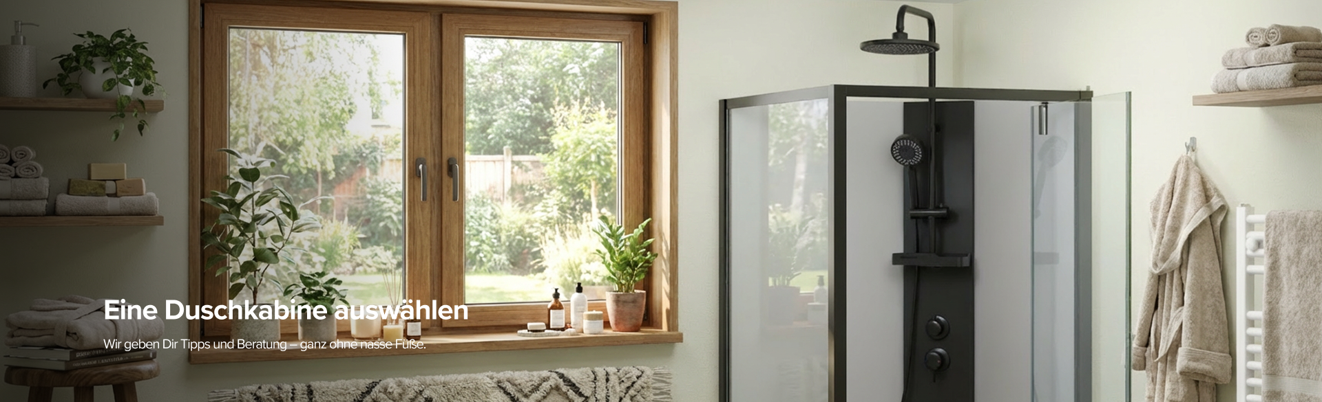 Helles Badezimmer mit Duschkabine von X²O Badezimmer und Blick auf den grünen Garten.