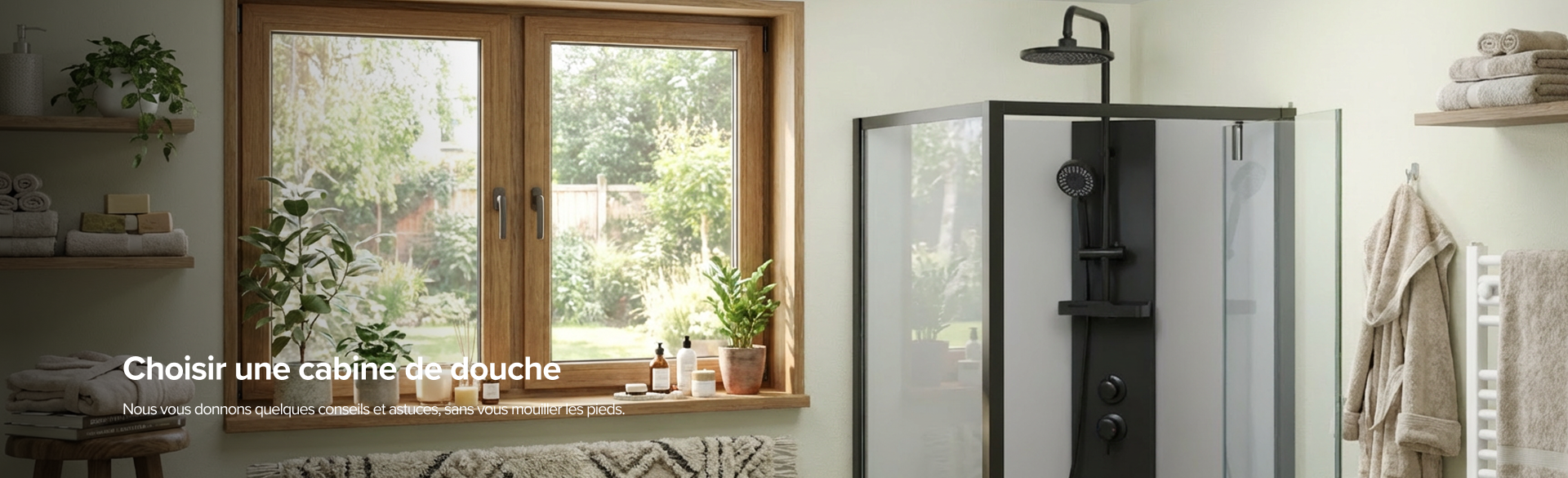 Salle de bains lumineuse avec cabine de douche de X²O salles de bains et vue sur un jardin verdoyant.