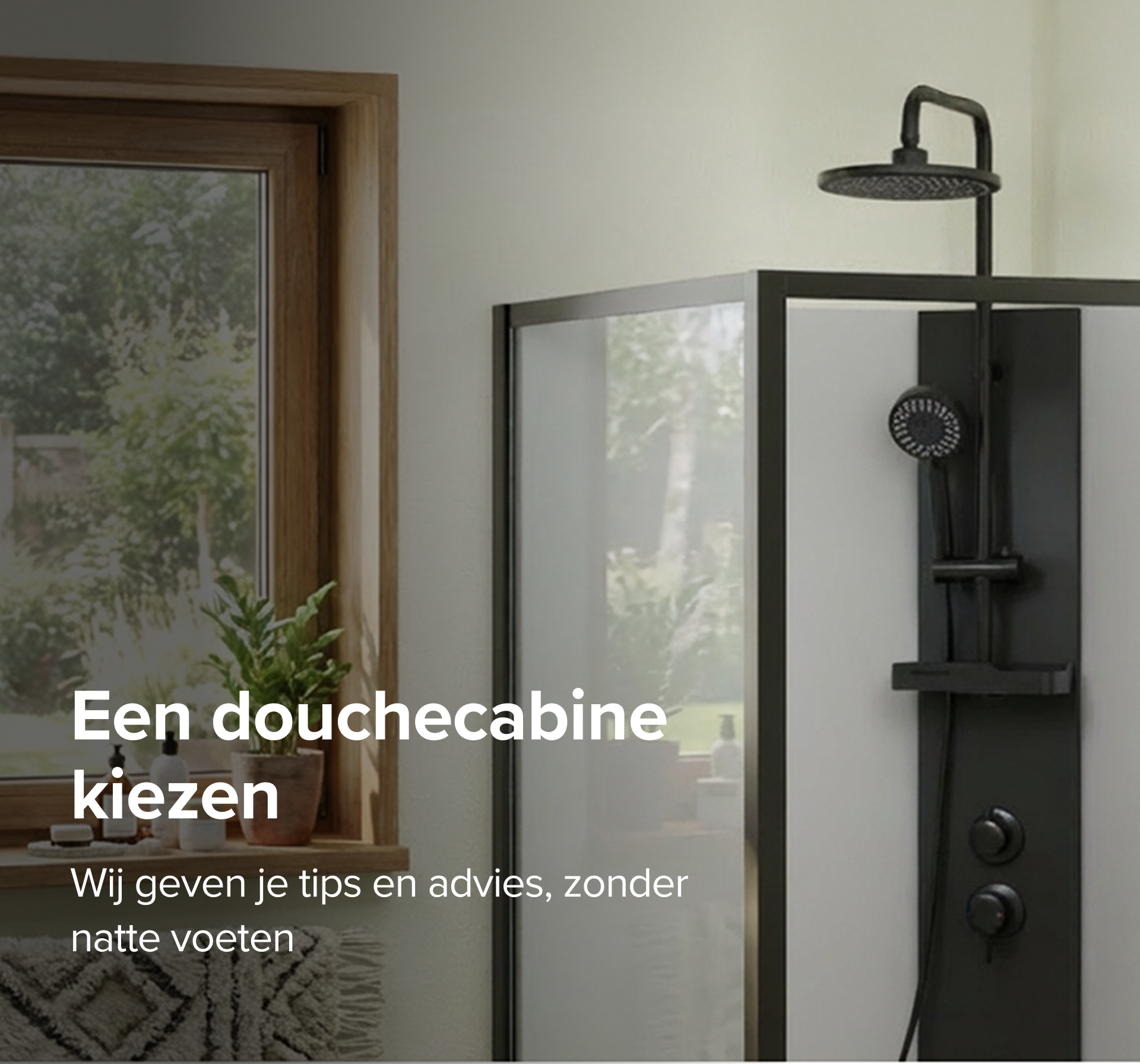 Lichte badkamer met douchecabine van X²O badkamers en uitzicht op een groene tuin.