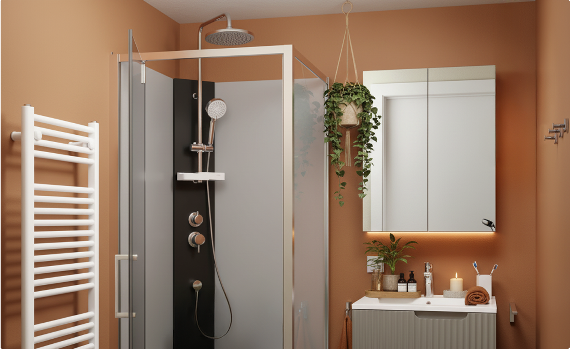 Zwarte X²O douchecabine met regendouche naast een raam vol daglicht en planten.