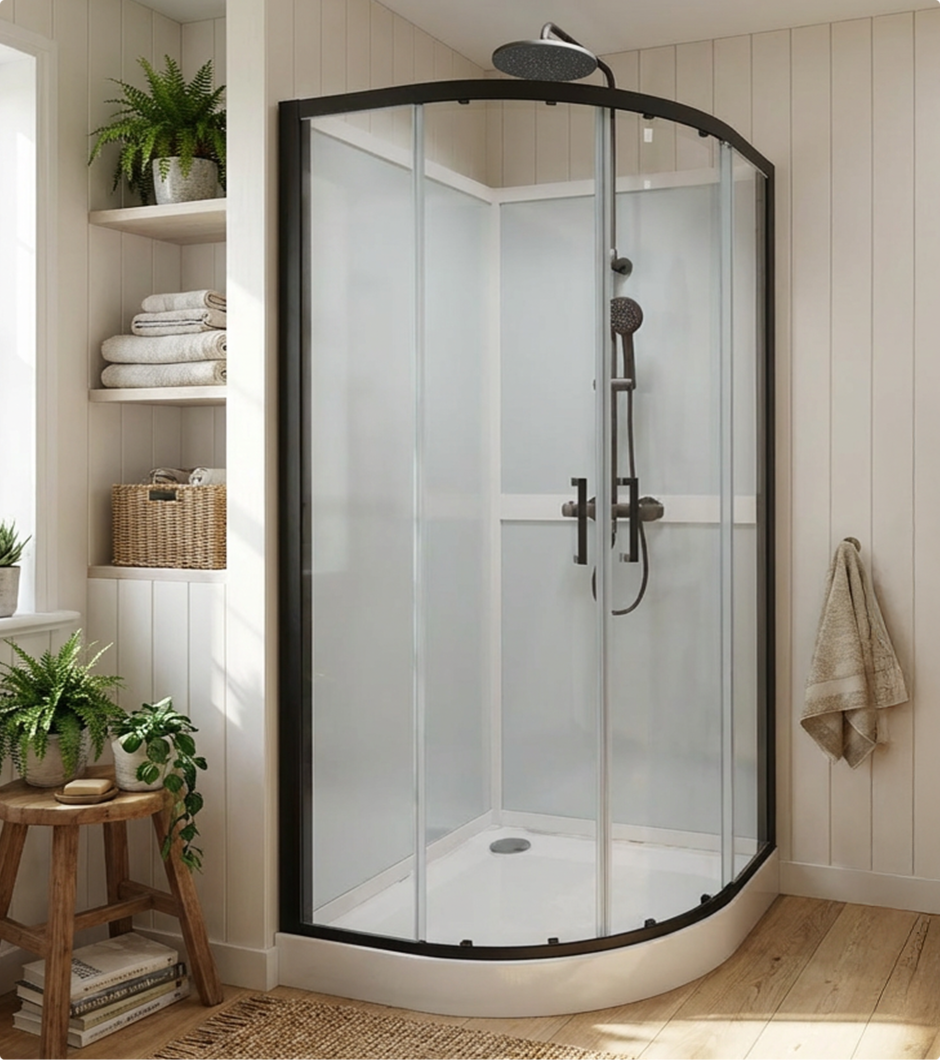 Kwartronde douchecabine met zwarte accenten in een gezellige badkamer, verkrijgbaar bij X²O badkamers