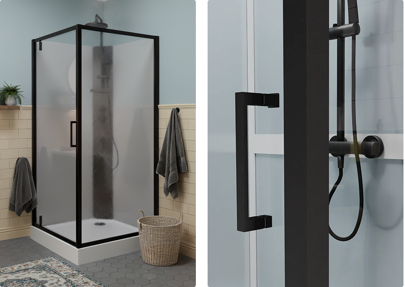 Vierkante douchecabine met zwarte deurhandgreep in industriële stijl, exclusief bij X²O badkamers
