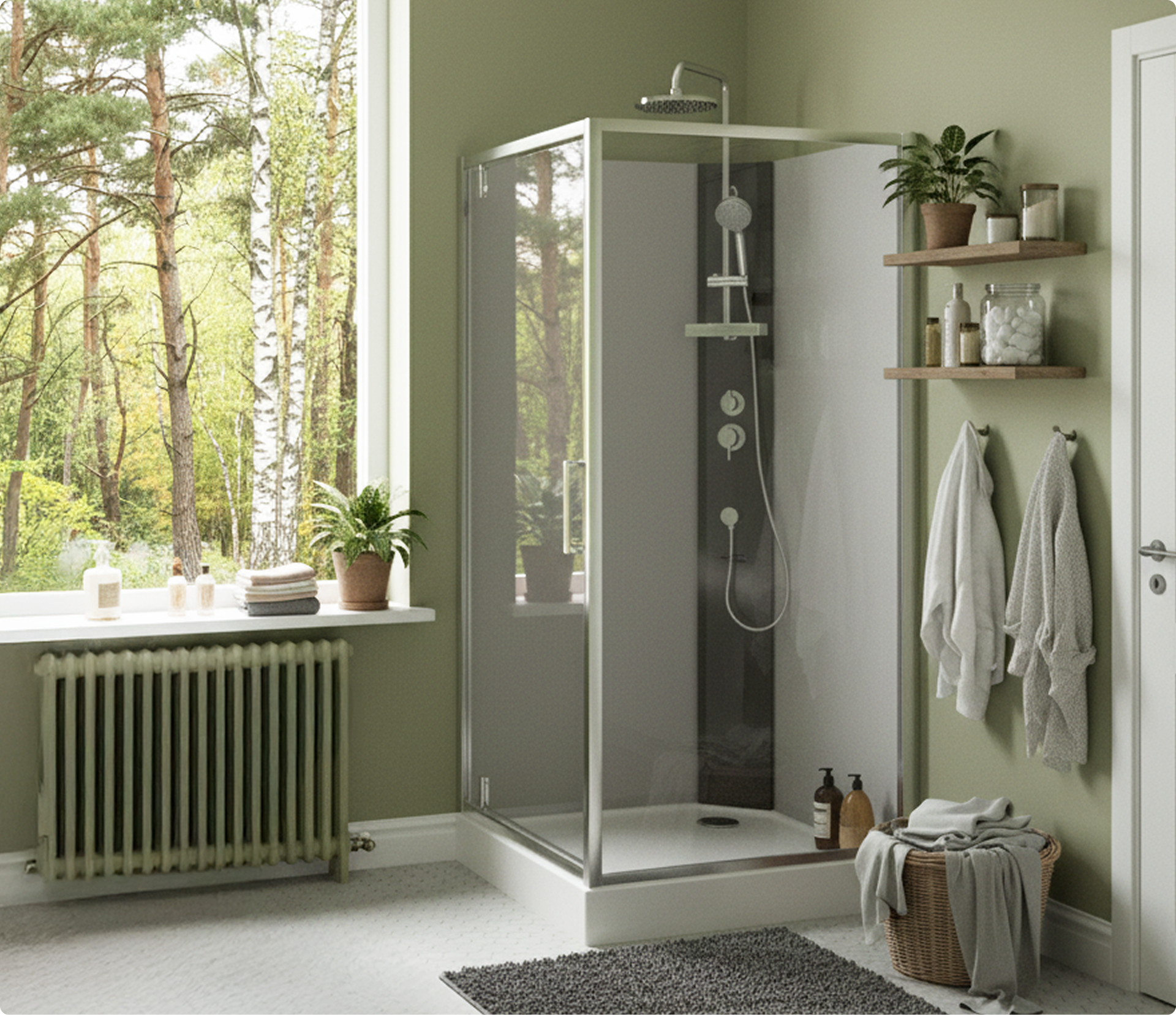 Moderne badkamer met groene muren en een douchecabine met regendouche – een natuurlijke en stijlvolle oplossing van X²O Badkamers.