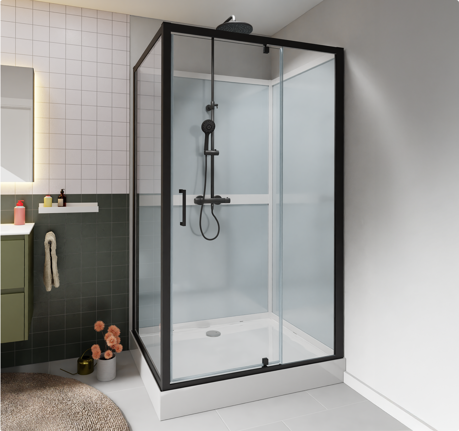 Strakke douchecabine met zwart frame en glazen schuifdeur – verkrijgbaar bij X²O Badkamers.