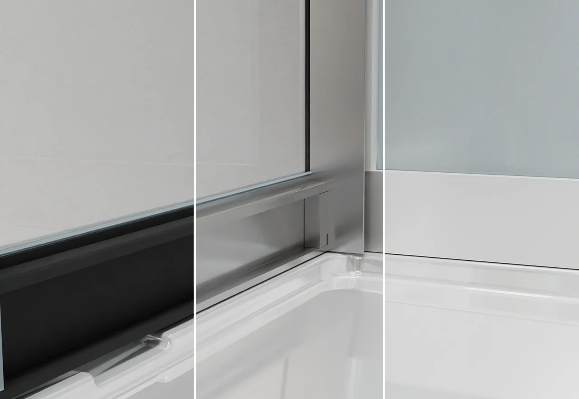 Verschillende afwerkingen van een douchecabine van X²O badkamers: zwart, aluminium en chroom.