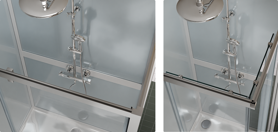 Bovenaanzicht van een rechthoekige douchecabine met glaspanelen en thermostatische kraan van X²O badkamers