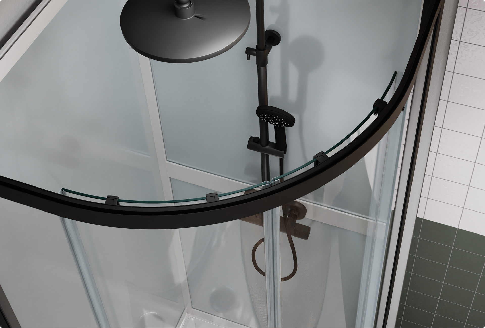 Kwartronde douchecabine met zwarte regendouche in elegant design, verkrijgbaar bij X²O badkamers