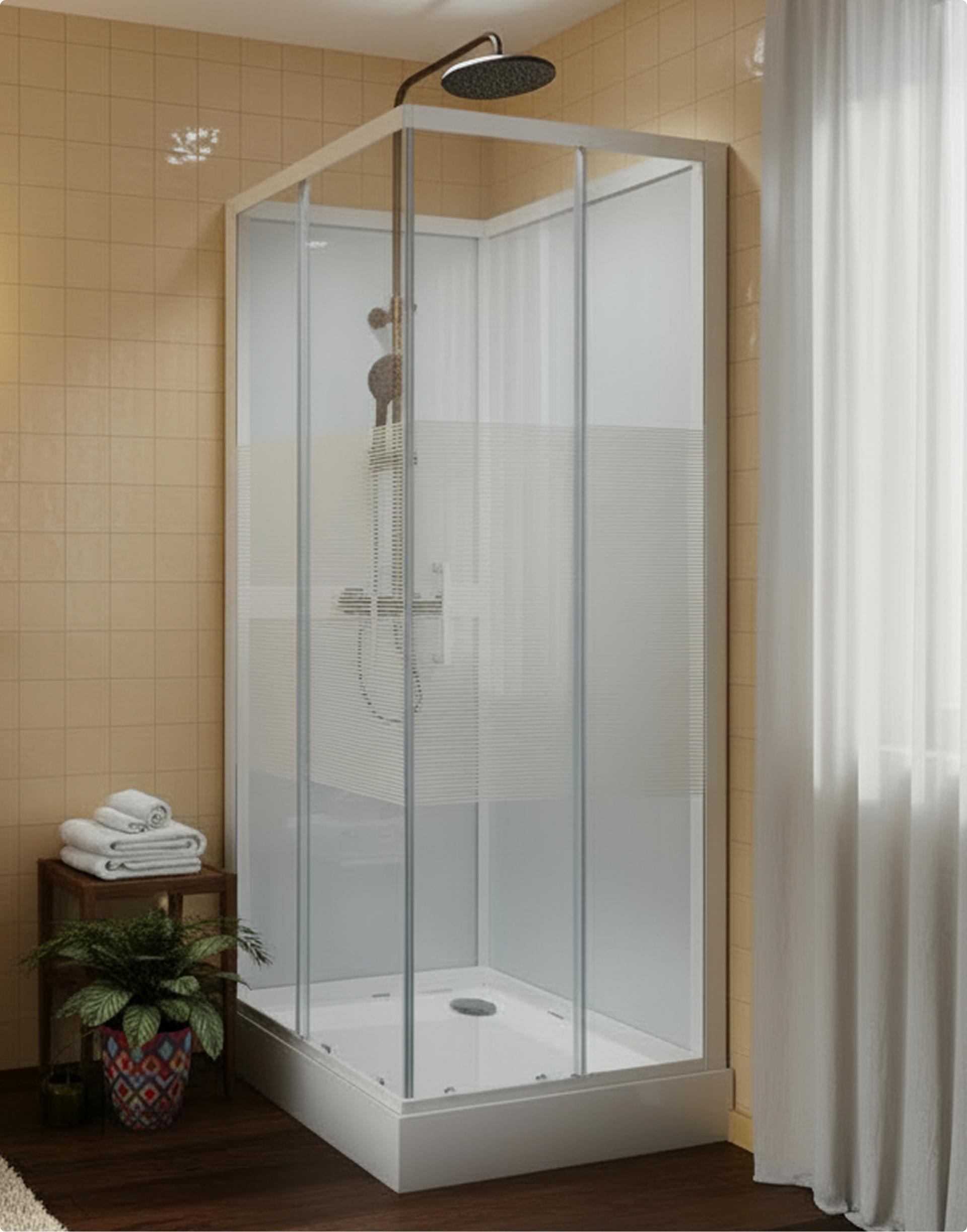 Rechthoekige douchecabine in een stijlvol interieur met beige tegelwand, te koop bij X²O badkamers