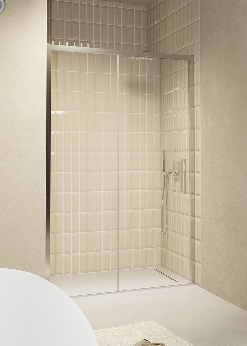 Elegante Senses design douche met schuifdeur in zachte beige tinten – X2O Badkamers.