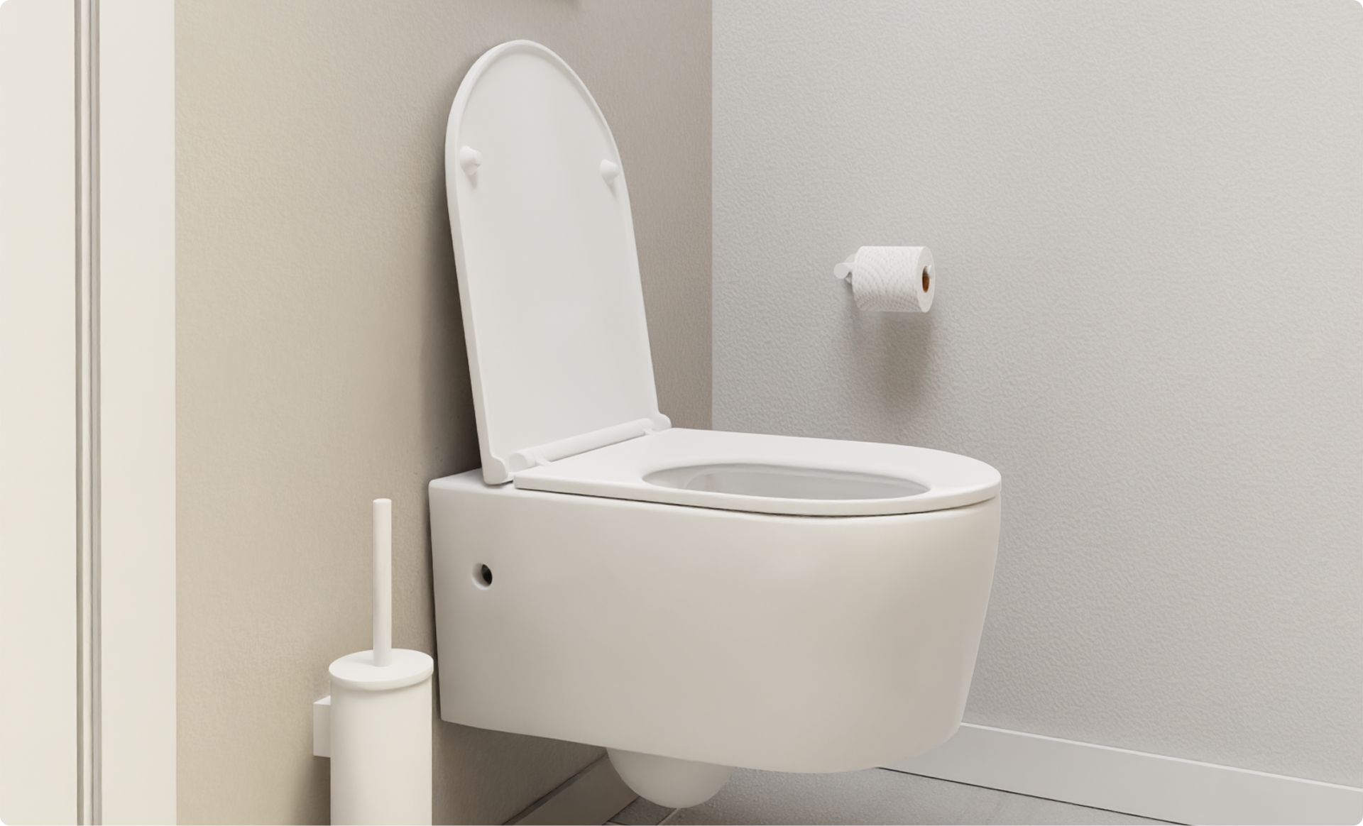 Une toilette suspendue blanche avec un couvercle relevé, un mur beige et gris en arrière-plan, un porte-brosse WC blanc et un rouleau de papier toilette accroché au mur. Présentation hygiénique et minimaliste signée x²o badkamers.
