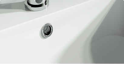 Close-up van een moderne witte wastafel met overloopgat en chroom kraan – stijlvol design van x²o badkamers.