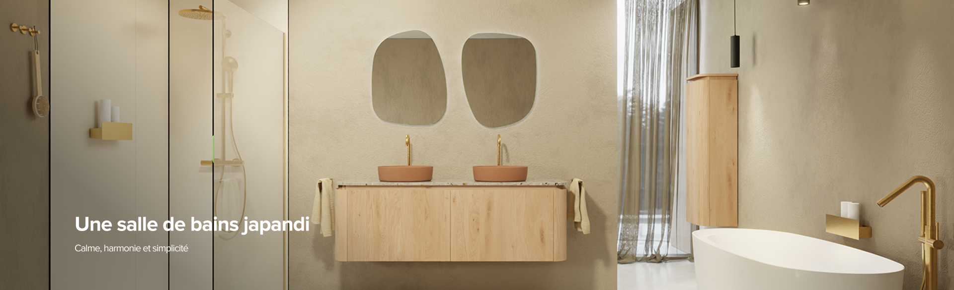 Une salle de bains Japandi élégante de X²O salles de bains avec murs beiges, baignoire îlot, meuble-lavabo en bois avec deux miroirs ovales et des robinets dorés. Texte sur l'image : "Une salle de bains Japandi – Calme, harmonie et simplicité".