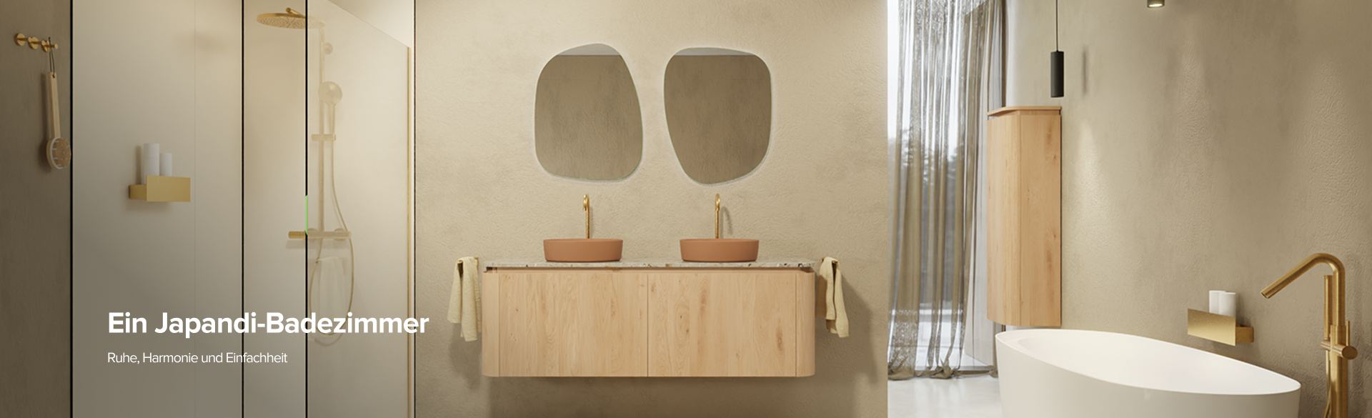 Ein stilvolles Japandi-Badezimmer von X²O Badezimmer mit beigen Wänden, freistehender Badewanne, Holz-Waschtisch mit zwei ovalen Spiegeln und goldenen Armaturen. Text im Bild: „Een Japandi badkamer – Rust, harmonie en eenvoud“.