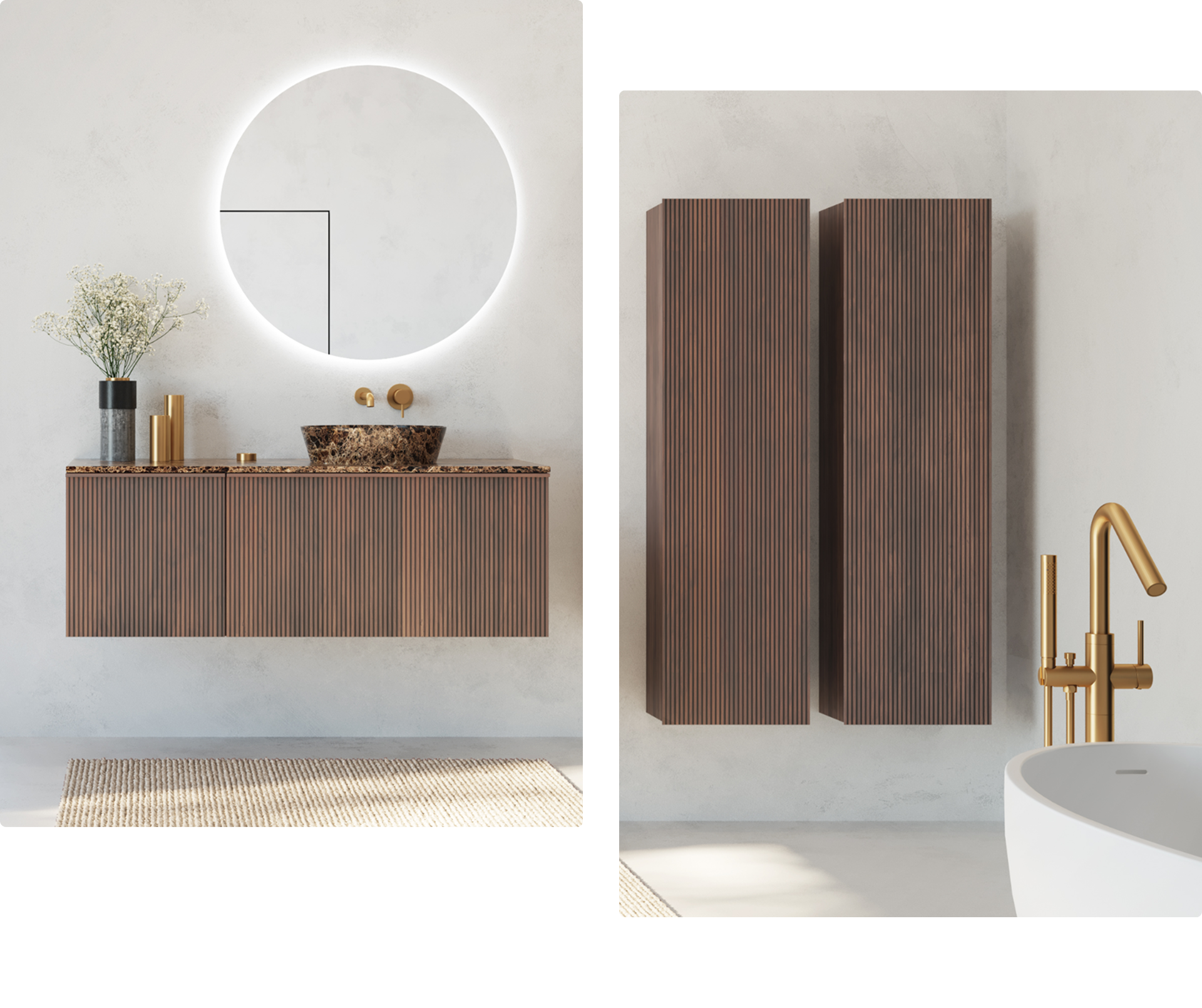 Une salle de bains X²O avec miroir rond lumineux, meuble-lavabo nervuré brun avec vasque en marbre et robinets dorés, et deux armoires hautes à droite.