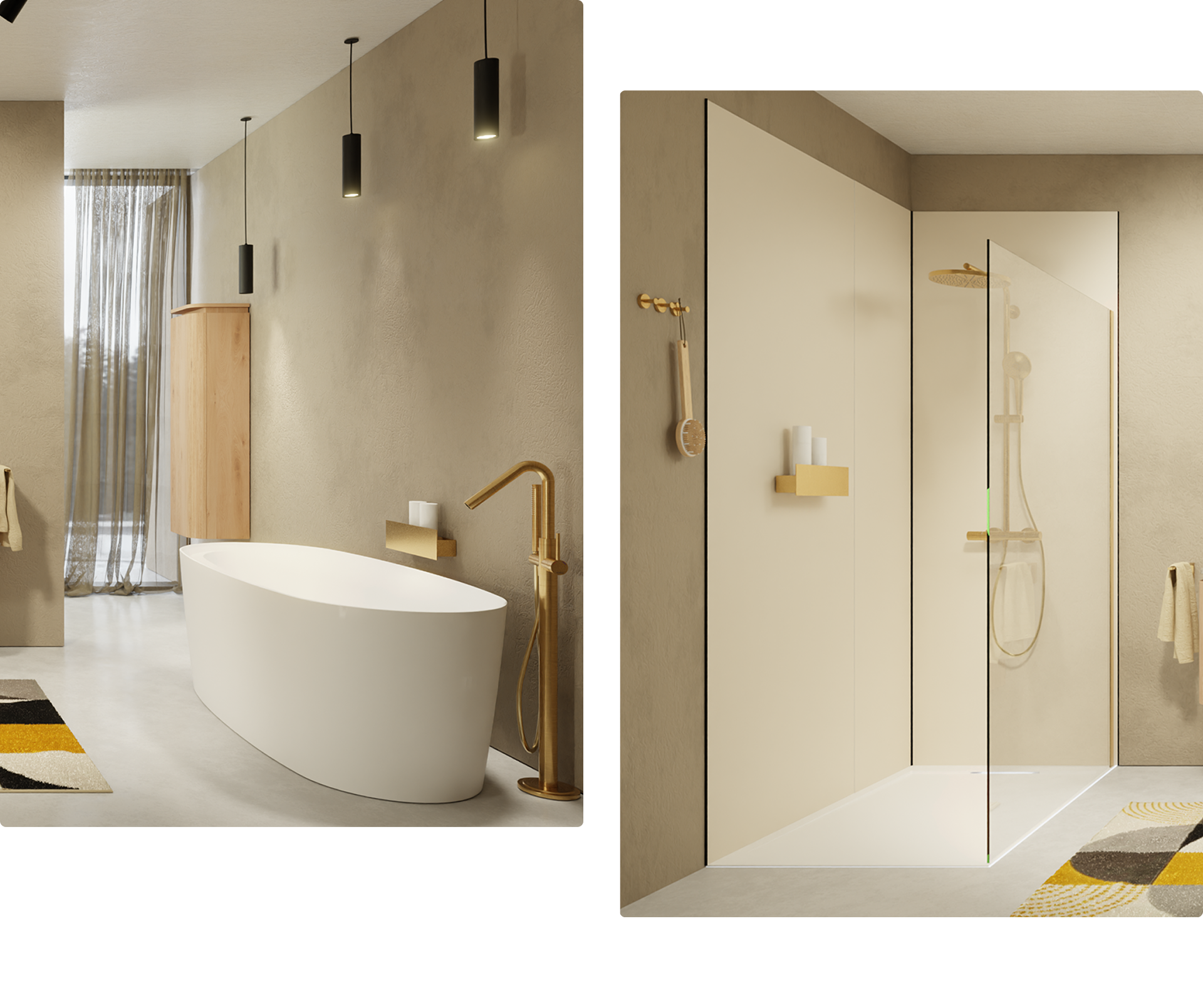 Vue d’ensemble d’une salle de bains Japandi de X²O avec baignoire îlot, robinet doré, murs beiges et douche vitrée avec pommeau pluie doré et accessoires en bois.