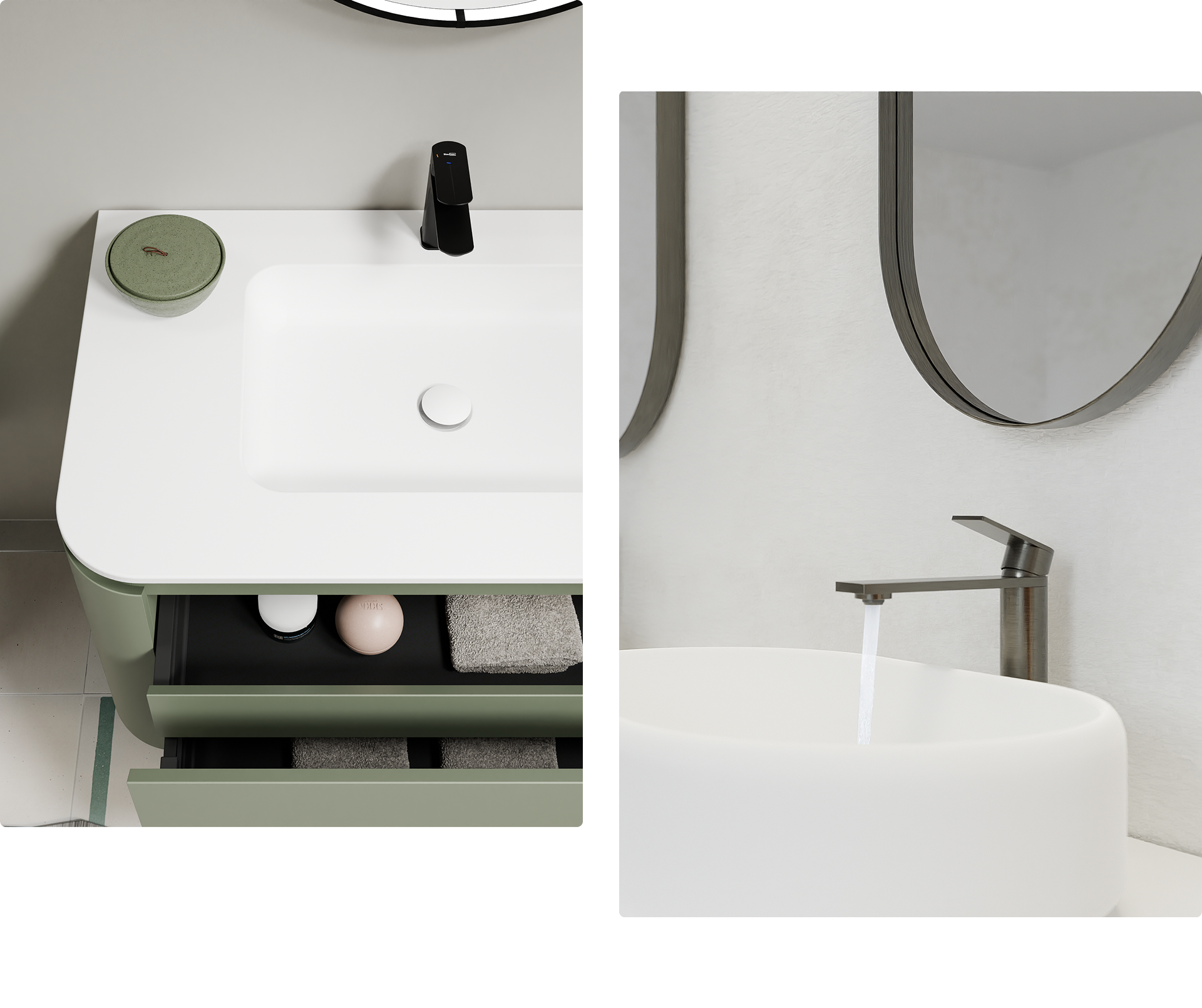 Une salle de bains moderne japandi de X²O salles de bains avec meuble-lavabo vert, deux tiroirs ouverts contenant serviettes et accessoires, vasque blanche et robinet noir sous un miroir ovale.