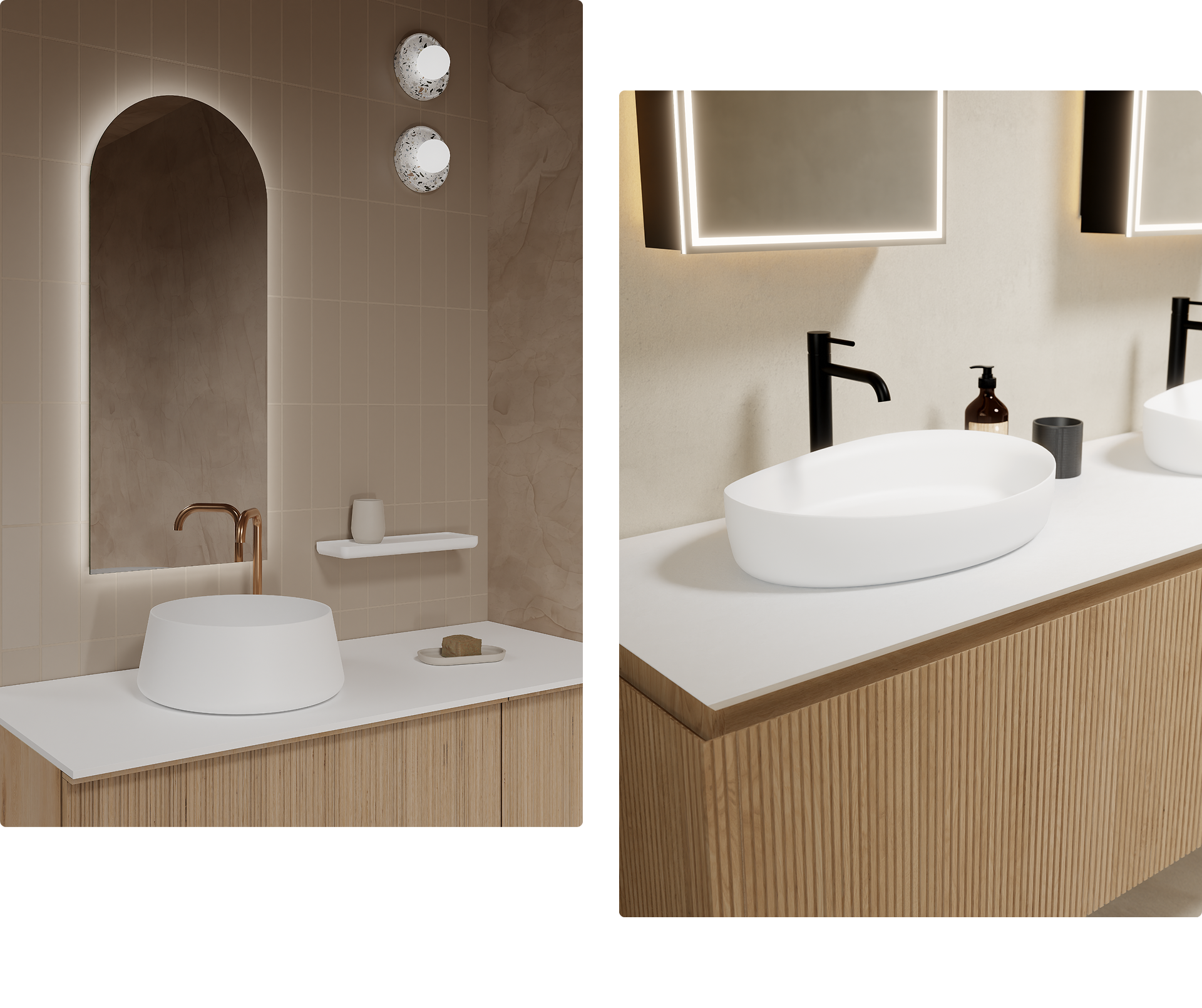 Deux gros plans de vasques X²O : à gauche, vasque ronde haute avec robinet cuivré et carrelage beige ; à droite, vasque ovale blanche avec robinet noir sous miroir éclairé.