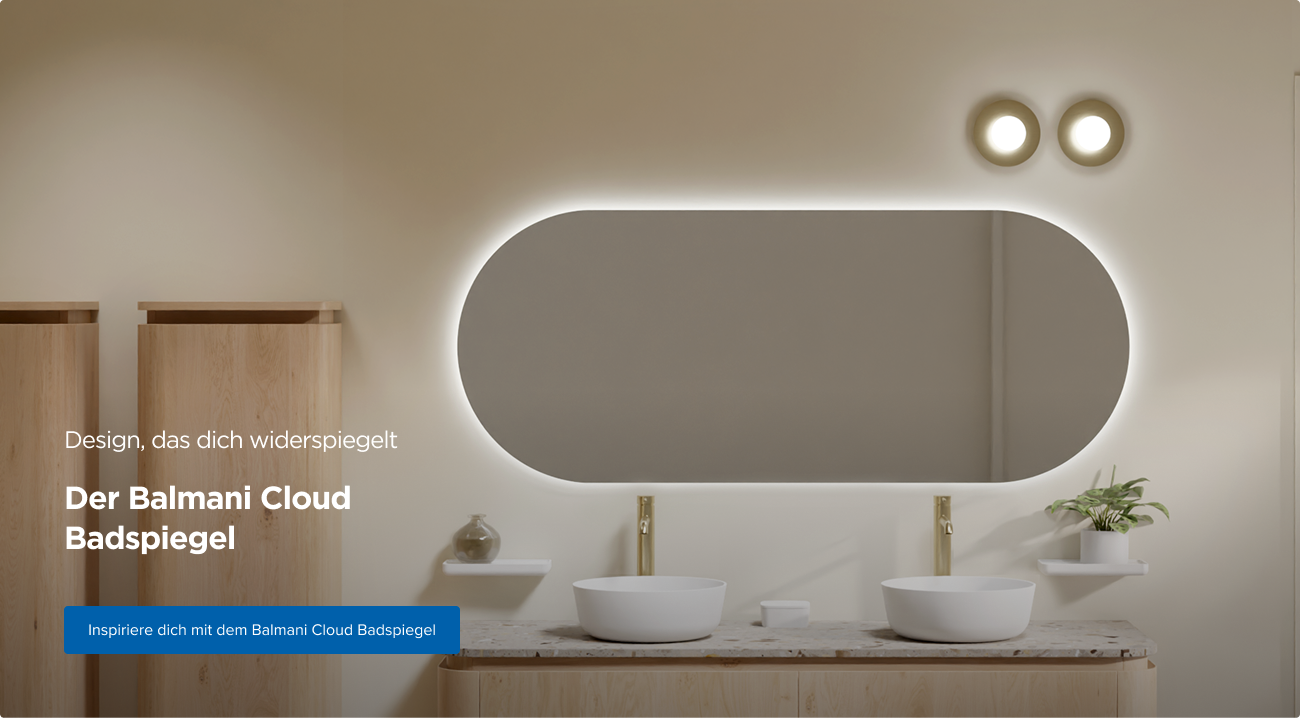 Ein ovaler Wandspiegel mit umlaufender LED-Beleuchtung, über einem hellen Holzunterschrank mit zwei weißen Waschbecken, Pflanzen und Deko – Balmani Cloud von X²O badkamers.