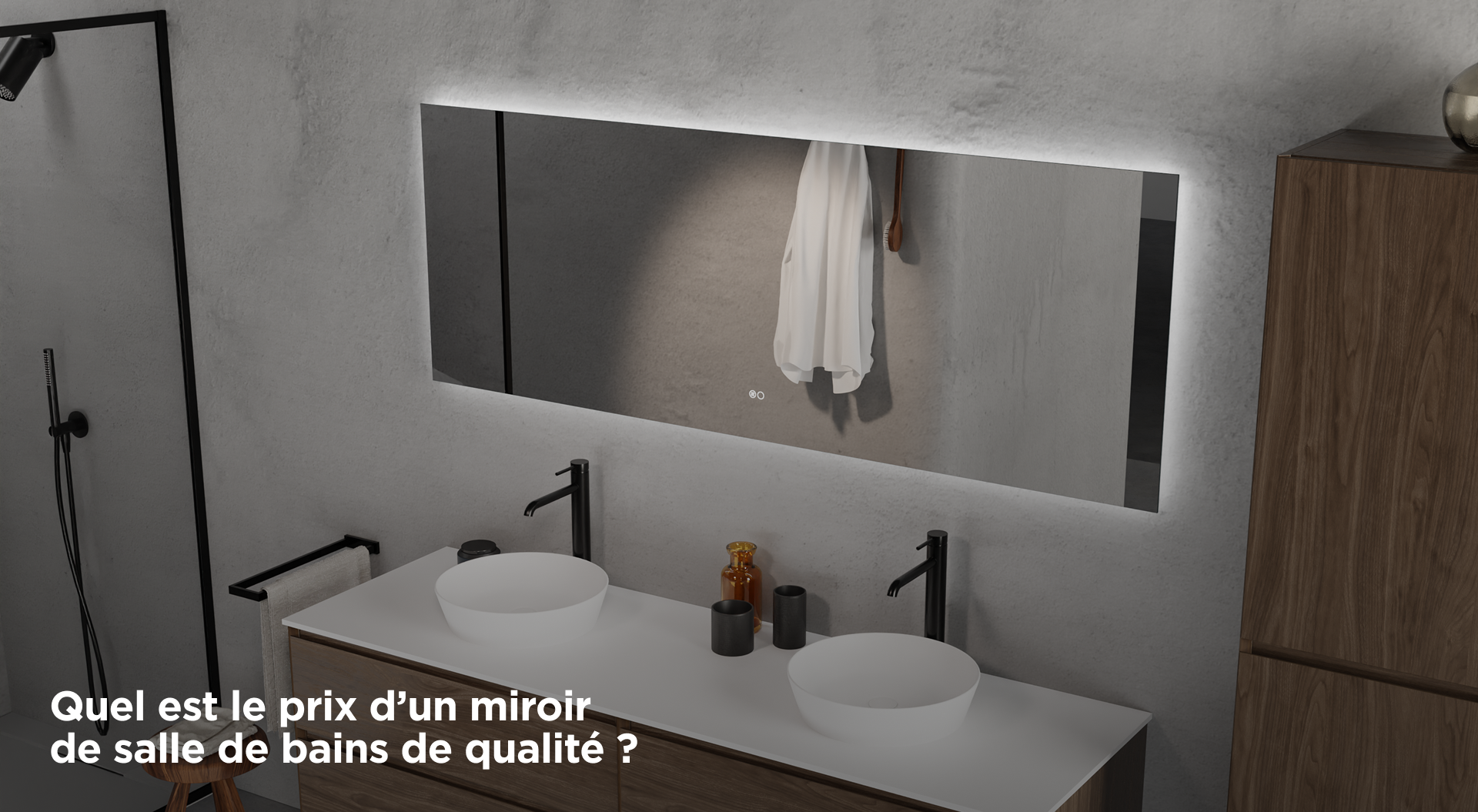 Une salle de bains moderne avec deux lavabos blancs posés sur un meuble en bois, un grand miroir rectangulaire avec éclairage LED intégré, robinetterie noire et murs en béton brut – un design raffiné signé X²O badkamers.
