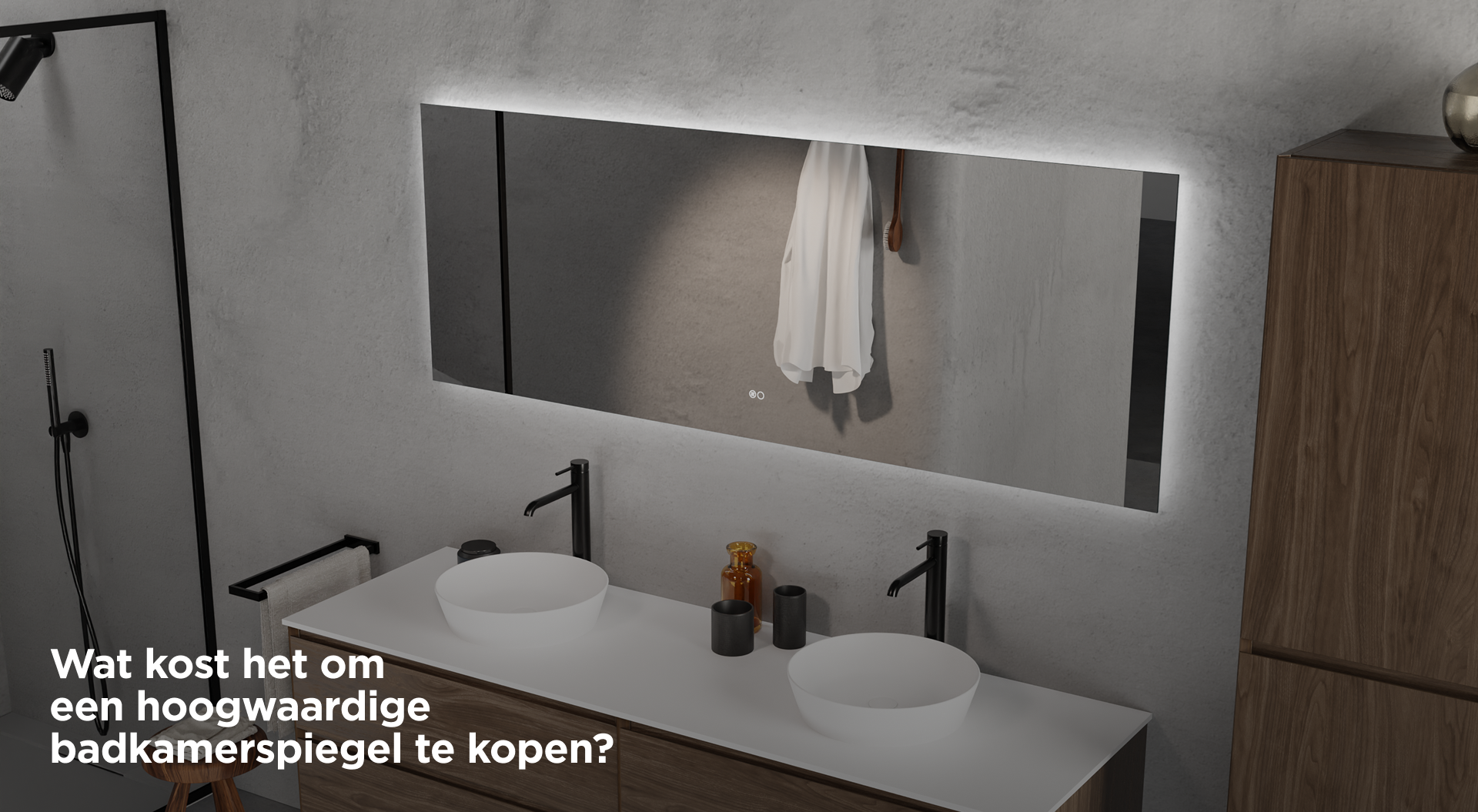 Een moderne badkamer met een houten meubel en twee witte opzetwastafels, een grote rechthoekige spiegel met ingebouwde ledverlichting en zwarte kranen – hoogwaardige stijl van X²O badkamers.