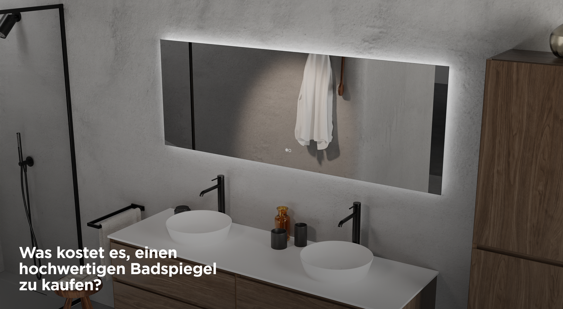 Ein modernes Badezimmer mit einem Holzunterschrank, zwei weißen Aufsatzwaschbecken, einem großen rechteckigen Spiegel mit integrierter LED-Beleuchtung und schwarzen Armaturen – elegantes Design von X²O badkamers.