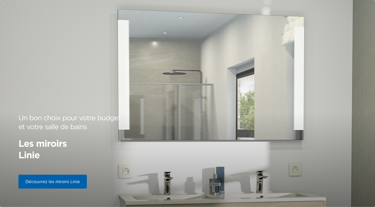 Un miroir rectangulaire avec éclairage vertical intégré de chaque côté, au-dessus d’un lavabo double, avec un fond de salle de bains lumineux – solution économique de X²O badkamers.