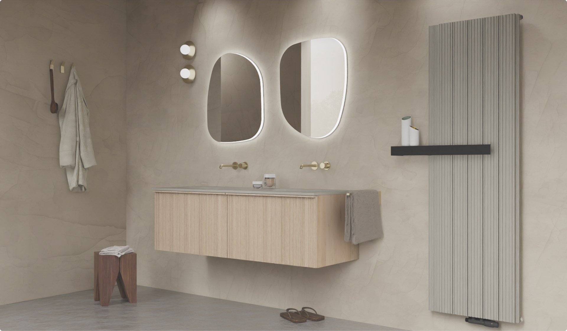 Salle de bains beige avec meuble bois, miroirs organiques et robinets dorés dans un décor X2O salles de bains.