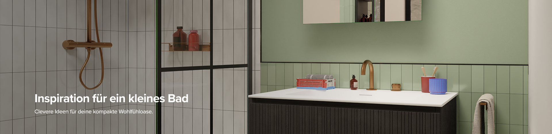 Eine moderne begehbare Dusche mit schwarzen Profilen und weißen Fliesen neben einem eleganten schwarzen Waschbeckenmöbel. Die grüne Wandfliese und die kupferfarbene Armatur setzen spannende Akzente – typisch für durchdachte x²o Badezimmer auf kleinem Raum.