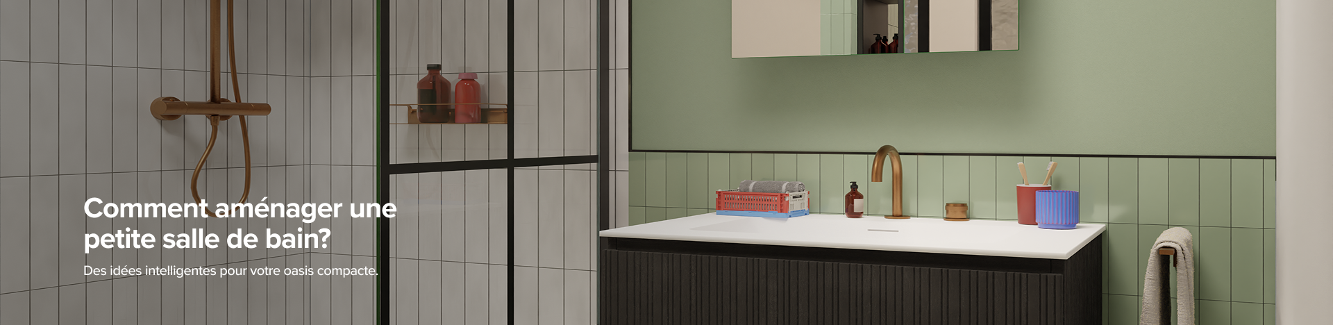 Une douche à l’italienne moderne avec profilés noirs et carrelage blanc, à côté d’un meuble de salle de bains noir épuré. Le carrelage mural vert et le robinet couleur cuivre apportent un contraste original. Une disposition intelligente typique des petites salles de bains x²o.