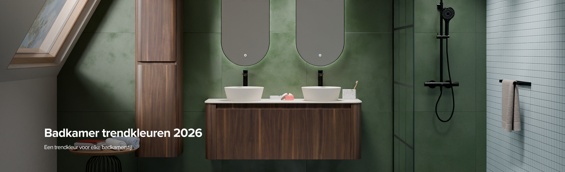 Moderne badkamer in natuurlijke badkamer trendkleuren 2026 met donkergroen tegelwerk, houtaccenten en zwarte accenten. X²O Badkamers inspireert met stijlvolle combinaties.