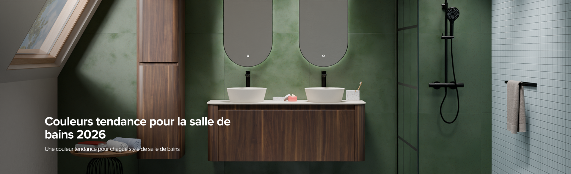 Salle de bains moderne avec carrelage vert foncé, accents en bois et éléments noirs, reflétant les couleurs tendance salle de bains 2026. Inspirez-vous chez X²O Salle de bains.