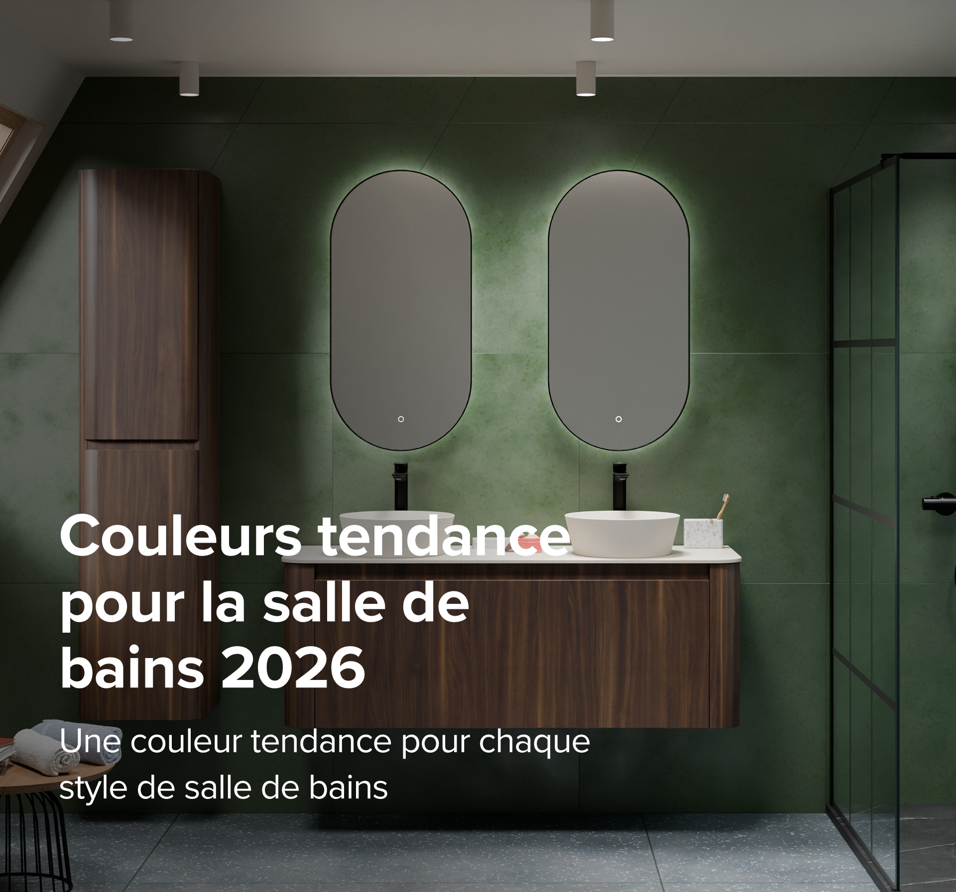 Salle de bains moderne avec carrelage vert foncé, accents en bois et éléments noirs, reflétant les couleurs tendance salle de bains 2026. Inspirez-vous chez X²O Salle de bains.