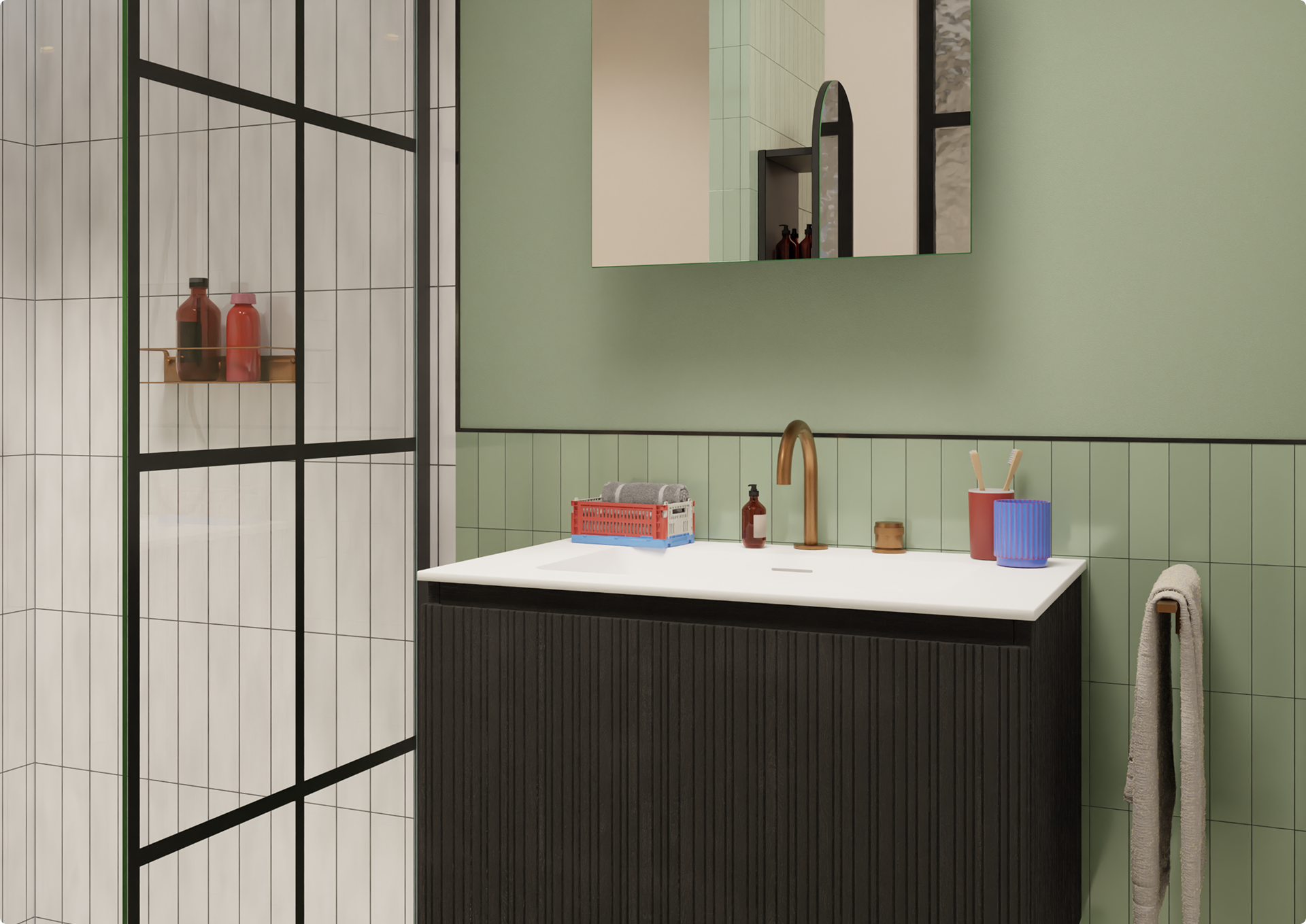 Badkamer met groene wandtegels en een zwart meubel met gouden kraan, helemaal in lijn met de badkamer trendkleuren 2026. Ontdek deze stijlvolle mix bij X²O Badkamers.