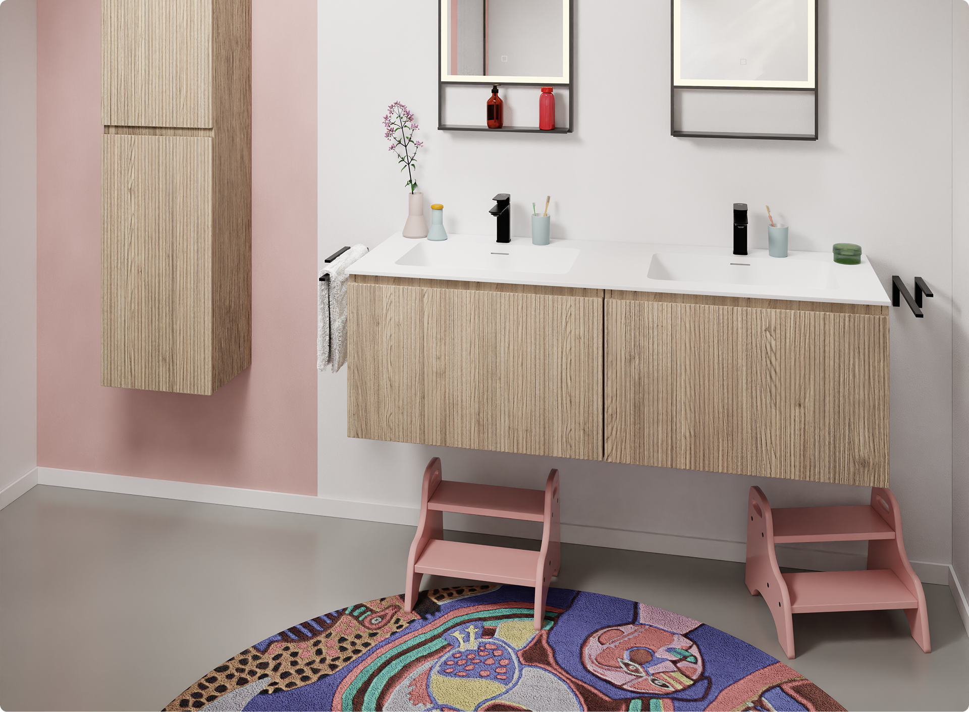 Kindvriendelijke badkamer in roze en wit met houtkleurige meubels. Een speelse variant op de badkamer trendkleuren 2026 van X²O Badkamers.