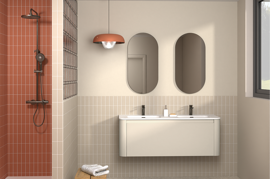 Pantone kleur van het jaar 2026 “Cloud Dancer” toegepast in een moderne badkamer. Deze neutrale tint vormt een stijlvolle basis in de badkamer trendkleuren 2026 van X²O Badkamers.