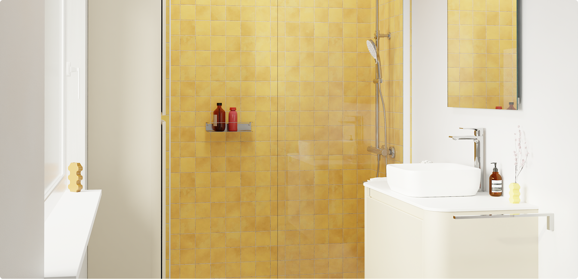 Gele douchewand en zandkleurige badkamerkast volgens de badkamertrends 2026 van X²O Badkamers