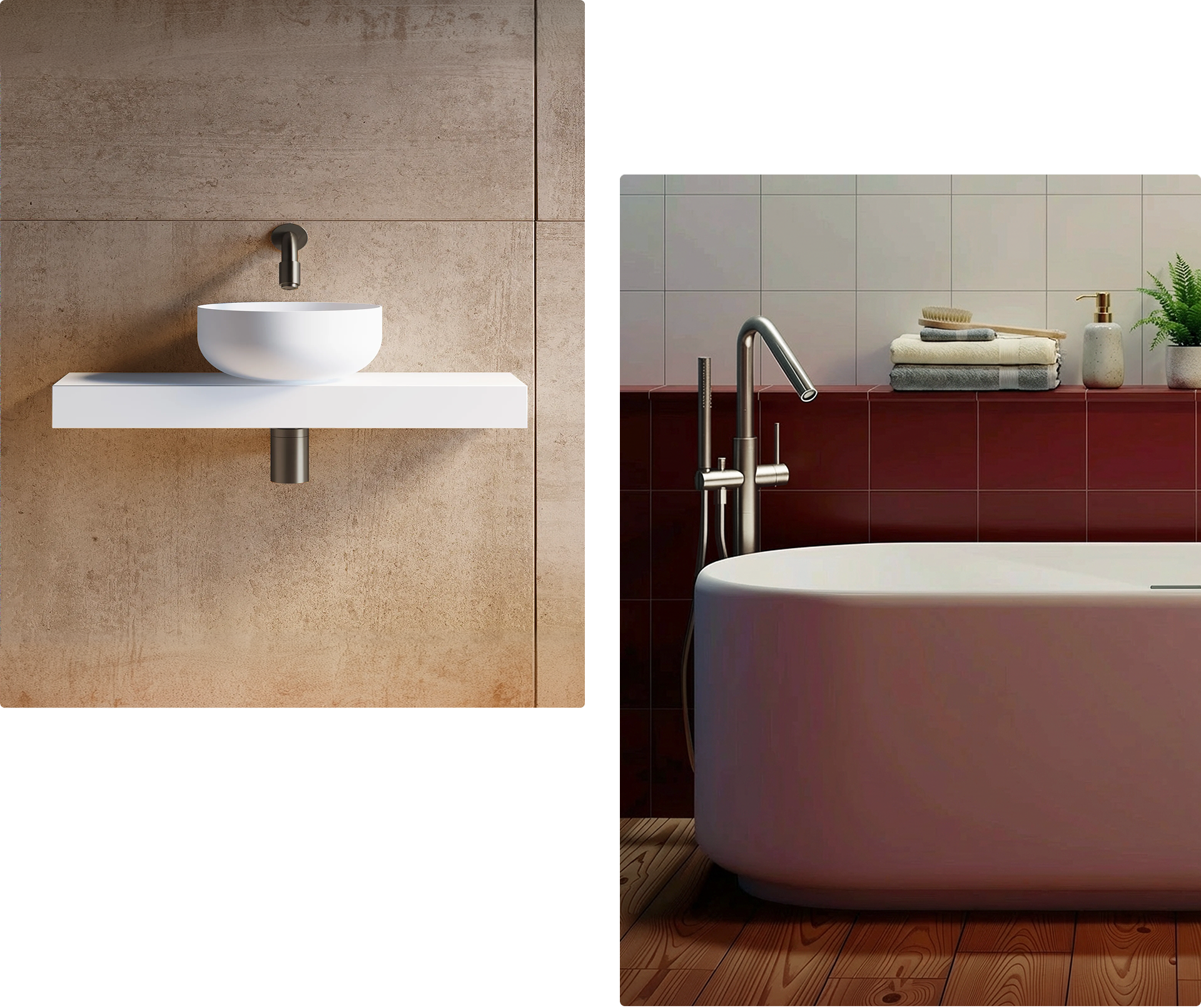 Badkamer met rode en witte wandtegels, wit vrijstaand bad en gunmetal wandkraan. Een krachtige interpretatie van de badkamer trendkleuren 2026 bij X²O Badkamers.