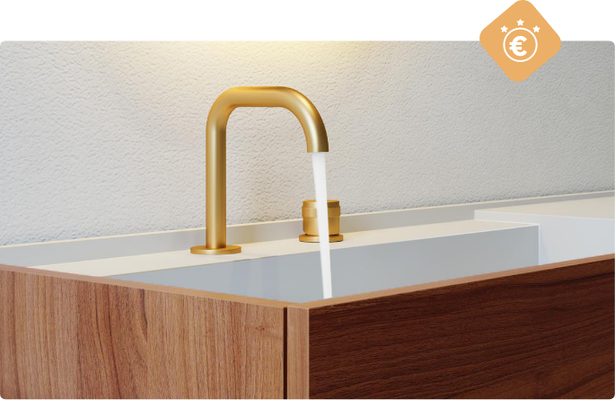 Detailaufnahme einer goldfarbenen Waschtischarmatur auf einem Holzmöbel, Symbol für beste Preise bei x²o Badezimmer.