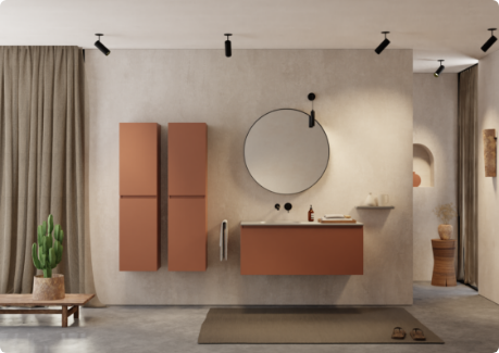 Traumbadezimmer mit terrakottafarbenem Waschtisch, rundem Spiegel und minimalistischen Accessoires von x²o Badezimmer.