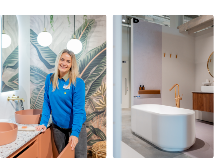 Badezimmer-Inspiration mit freistehender Badewanne, goldfarbener Armatur und stimmungsvoller Beleuchtung in einer x²o Badezimmer-Showroom-Inszenierung.