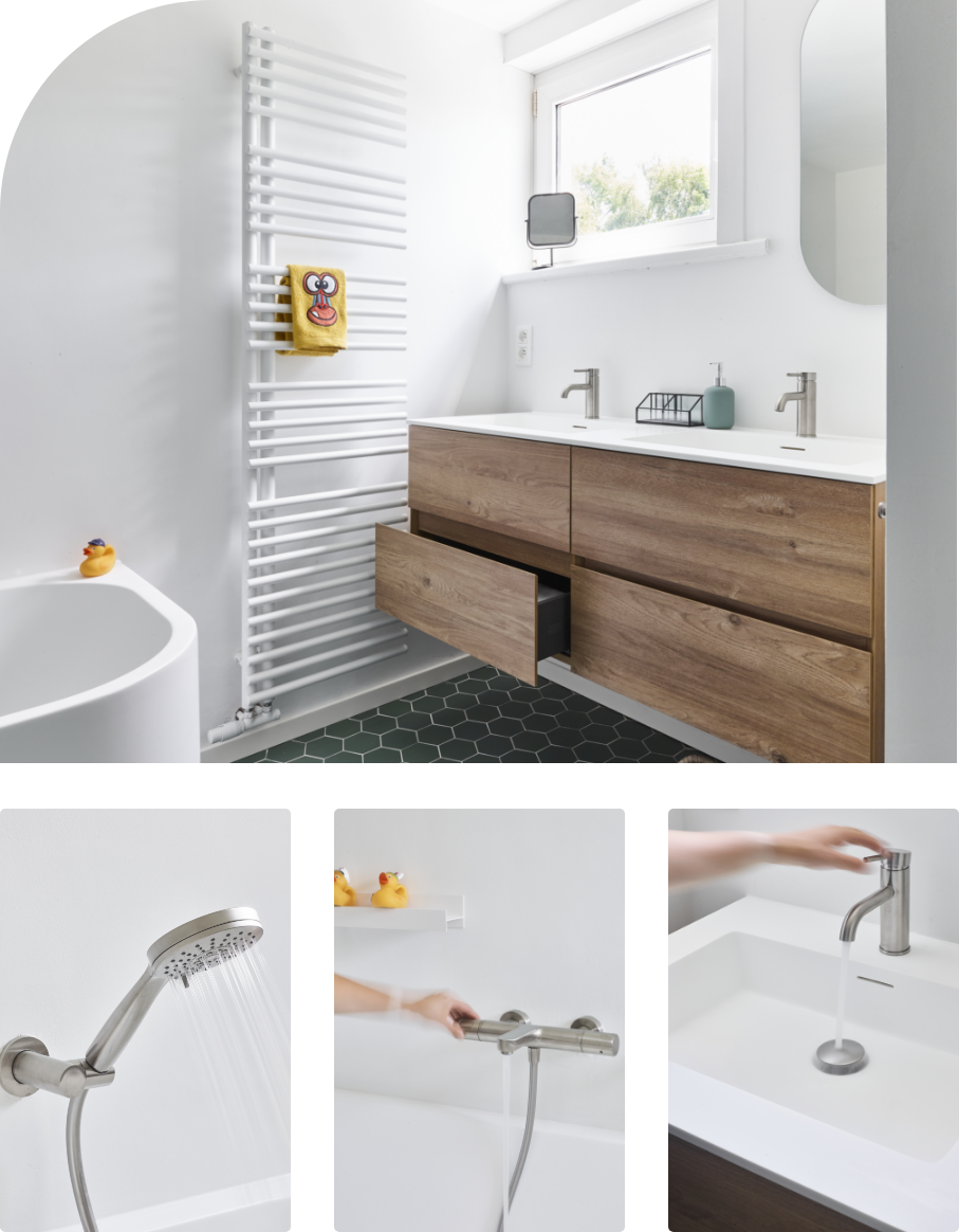 Wastafelmeubel met open lade en witte handdoekradiator.