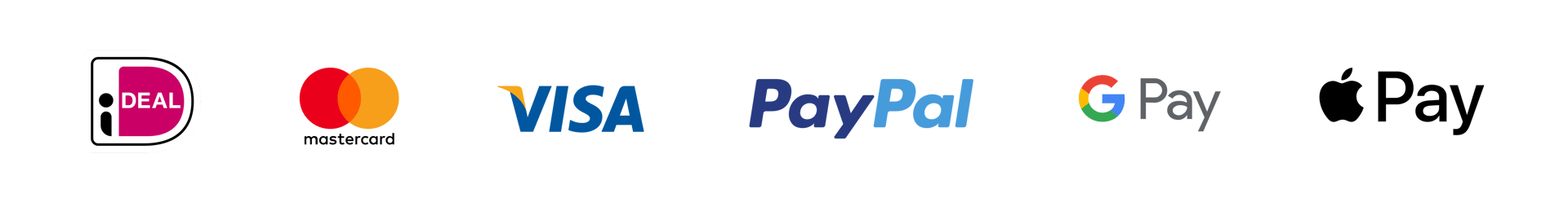Logo’s van betaalmethoden: iDEAL, Mastercard, Visa, PayPal en Google Pay.