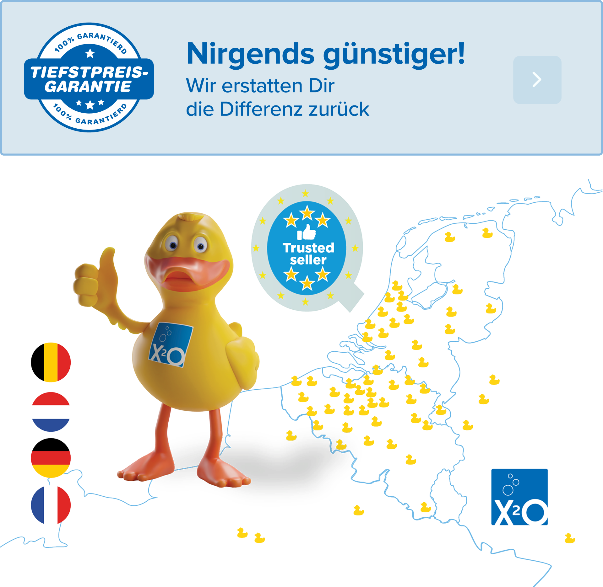 Footerbild mit dem LPG-Logo und einer Karte von x²o Badezimmern, auf der die verschiedenen Filialstandorte dargestellt sind, verwendet am unteren Rand der Startseite als visueller Abschluss und zur Wiedererkennung des Filialnetzes.
