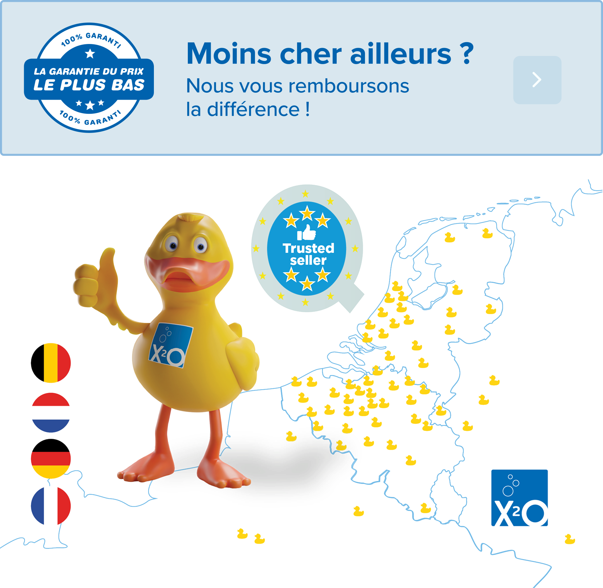 Image de pied de page avec le logo LPG et une carte de x²o salles de bains montrant les différentes implantations des magasins, utilisée en bas de la page d’accueil comme élément visuel de clôture et d’identification du réseau de magasins.