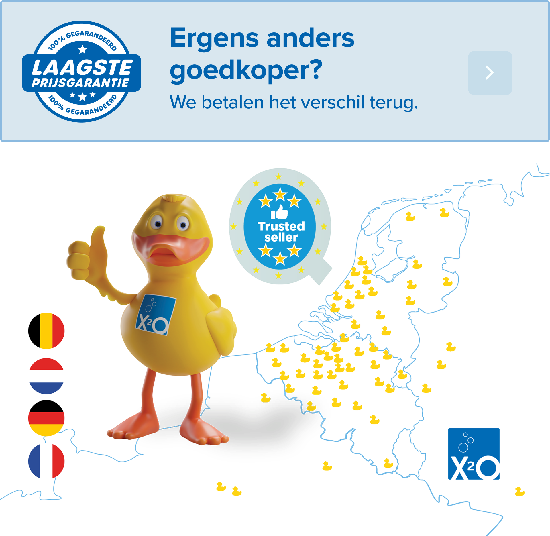Footerafbeelding met het LPG-logo en een kaartje van x²o badkamers waarop de verschillende winkel­locaties worden weergegeven, gebruikt onderaan de homepage als visuele afsluiter en herkenning van het merk en het winkelnetwerk.