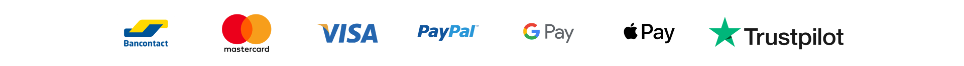 Afbeelding met logo’s van Bancontact, Mastercard, VISA, PayPal, Google Pay, Apple Pay en Trustpilot.