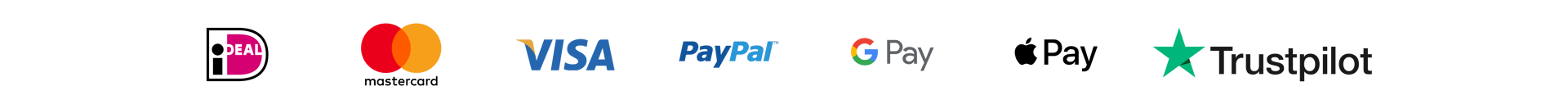 Afbeelding met logo’s van Bancontact, Mastercard, VISA, PayPal, Google Pay, Apple Pay en Trustpilot.