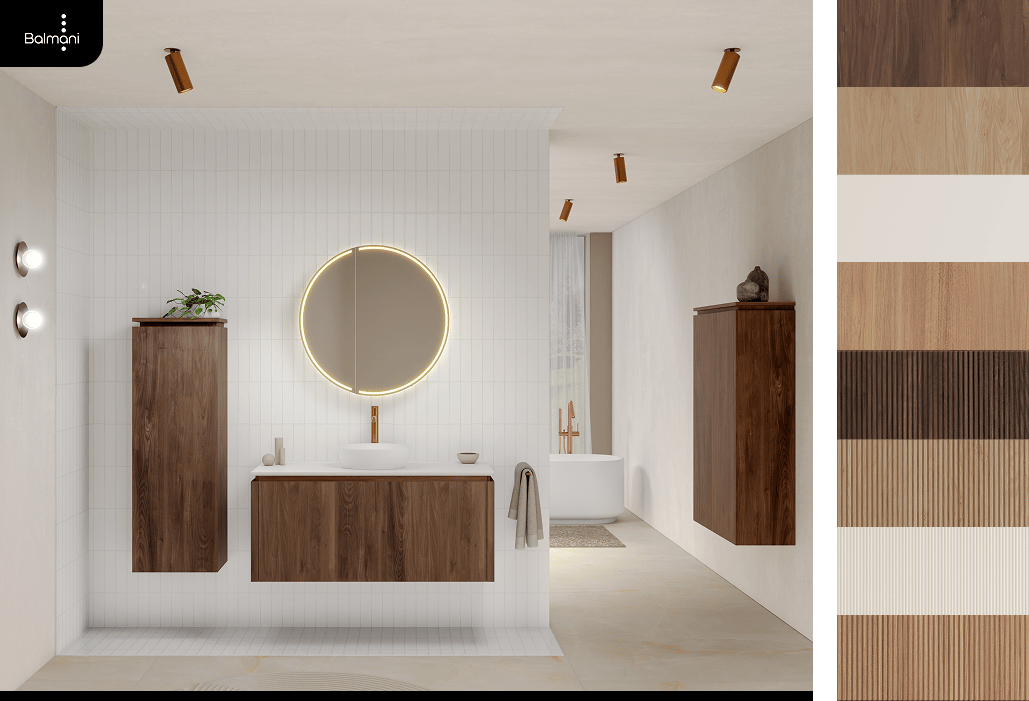 Balmani Badmöbel in dunklem Holz mit rundem beleuchtetem Spiegel und Aufsatzwaschbecken in modernem Badezimmer von x²o Badezimmer.